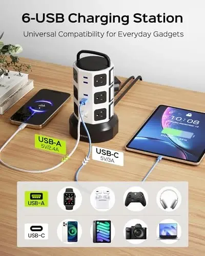 【10ft】 Power Strip Tower JACKYLED Surge Protector Electric Charging Station with 13A 12 Outlets 6 USB Ports Heavy Duty Extension Cord for Home Office Computer Nightstand Laptop Phone White Black - 4