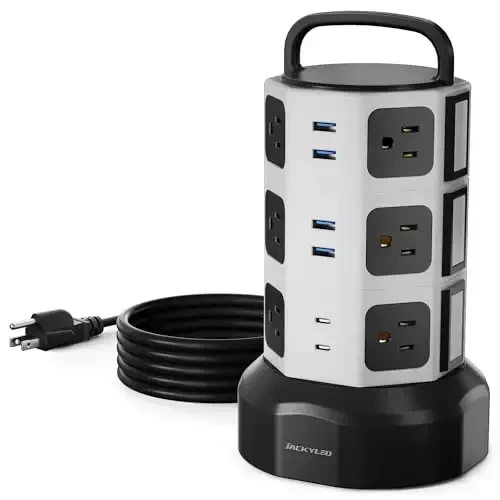 【10ft】 Power Strip Tower JACKYLED Surge Protector Electric Charging Station with 13A 12 Outlets 6 USB Ports Heavy Duty Extension Cord for Home Office Computer Nightstand Laptop Phone White Black - JACKYLED