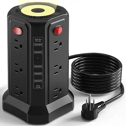 Surge Protector Power Strip with 10FT Cord 1625W|13A, Power Tower with 5 USB Ports and Night Light, PASSUS Outlet Tower with 12 AC Outlets Overload Protection for Home Office DormRoom (Black-13A) 