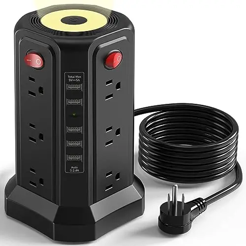 Surge Protector Power Strip with 10FT Cord 1625W|13A, Power Tower with 5 USB Ports and Night Light, PASSUS Outlet Tower with 12 AC Outlets Overload Protection for Home Office DormRoom (Black-13A) - 1