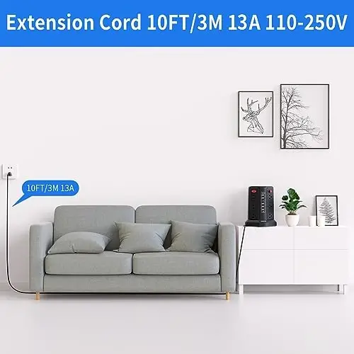 Surge Protector Power Strip with 10FT Cord 1625W|13A, Power Tower with 5 USB Ports and Night Light, PASSUS Outlet Tower with 12 AC Outlets Overload Protection for Home Office DormRoom (Black-13A) - 5