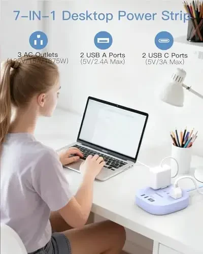 10Ft Плоский Штекер Удлинитель, Фиолетовый Плоский Удлинитель - 3 Розетки 4 USB Порта (2 USB C) Настольная Зарядная Станция, Удлинитель для Круизного Лайнера без Защиты от Перенапряжения для Путешествий, Необходимые Вещи для Общежития - ONE BEAT (1)