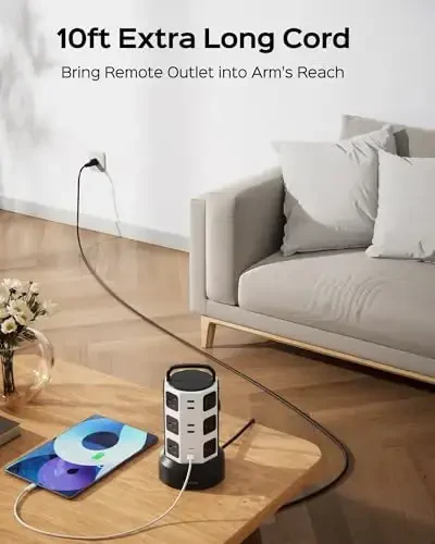 【10ft】 Power Strip Tower JACKYLED Surge Protector Electric Charging Station with 13A 12 Outlets 6 USB Ports Heavy Duty Extension Cord for Home Office Computer Nightstand Laptop Phone White Black - 2