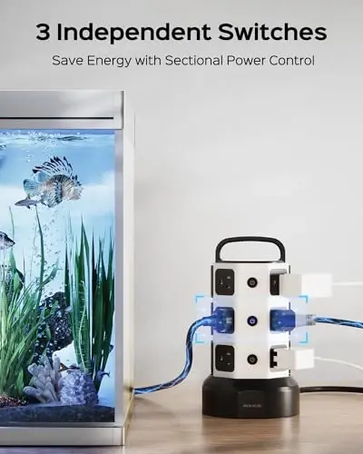 【10ft】 Power Strip Tower JACKYLED Surge Protector Electric Charging Station with 13A 12 Outlets 6 USB Ports Heavy Duty Extension Cord for Home Office Computer Nightstand Laptop Phone White Black - 5