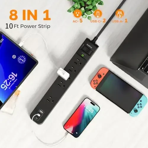 10Ft Surge Protector Power Strip- Addtam Uzaytirgich simi, 5 ta AC rozetkasi 3 ta USB porti (2 USB C), 1875W/15A, tekis vilka, uy ofis jihozlari kolleji yotoqxonasi uchun rozetka uzaytirgichi, ETL ro'yxatga olingan - 2