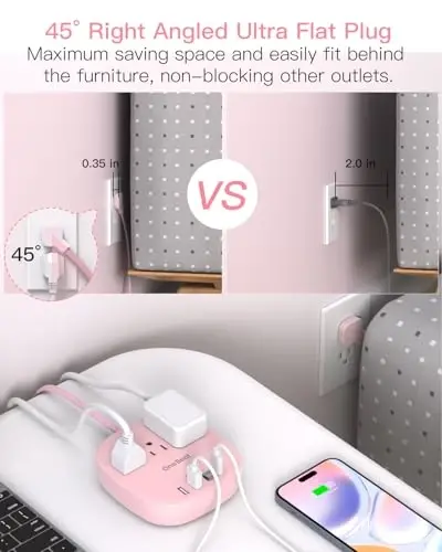 10Ft tekis vilkali elektr uzatgich, pushti tekis uzatma kabeli - 3 ta rozetka 4 ta USB porti (2 ta USB C) Stol usti zaryadlash stantsiyasi, Sayohat uchun to'lqin himoyasisiz kruiz kemasi elektr uzatgichi, Yotoqxona uchun zarur narsalar - 4