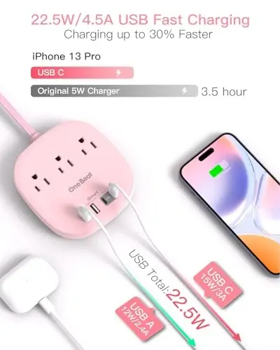 10Ft tekis vilkali elektr uzatgich, pushti tekis uzatma kabeli - 3 ta rozetka 4 ta USB porti (2 ta USB C) Stol usti zaryadlash stantsiyasi, Sayohat uchun to'lqin himoyasisiz kruiz kemasi elektr uzatgichi, Yotoqxona uchun zarur narsalar - 5