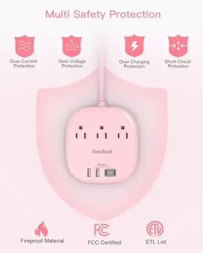10Ft Удлинитель с плоской вилкой, розовый плоский удлинитель - 3 розетки 4 порта USB (2 USB C) Настольная зарядная станция, удлинитель для круизного лайнера без защиты от перенапряжения для путешествий, предметы первой необходимости для общежития - 7