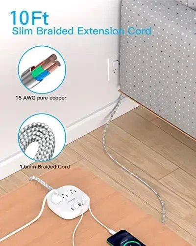 10Ft Yassi vilka quvvat chizig'i, ultra yupqa uzatma kabeli - 3 rozetka 4 USB porti (2 USB C) stol usti zaryadlash stantsiyasi, sayohat uchun kuchlanishdan himoyalanmagan kruiz kemasi quvvat chizig'i, yotoqxona uchun zarur narsalar - 3