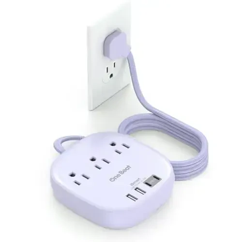 10Ft Yassi vilka quvvat tasmasi, binafsha rangli yassi uzatma kabeli - 3 rozetka 4 USB porti (2 USB C) stol usti zaryadlash stantsiyasi, sayohat uchun kuchlanishdan himoyalanmagan kruiz kemasi quvvat tasmasi, yotoqxona uchun zarur narsalar 