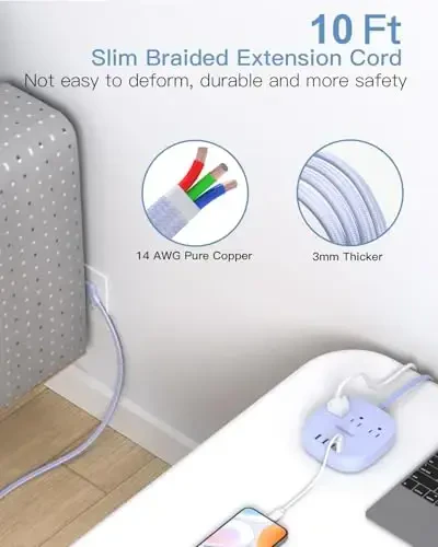10Ft Yassi vilka quvvat tasmasi, binafsha rangli yassi uzatma kabeli - 3 rozetka 4 USB porti (2 USB C) stol usti zaryadlash stantsiyasi, sayohat uchun kuchlanishdan himoyalanmagan kruiz kemasi quvvat tasmasi, yotoqxona uchun zarur narsalar - 3