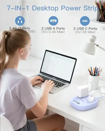 10Ft Yassi vilka quvvat tasmasi, binafsha rangli yassi uzatma kabeli - 3 rozetka 4 USB porti (2 USB C) stol usti zaryadlash stantsiyasi, sayohat uchun kuchlanishdan himoyalanmagan kruiz kemasi quvvat tasmasi, yotoqxona uchun zarur narsalar - 2