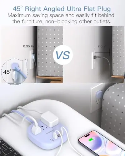 10Ft Yassi vilka quvvat tasmasi, binafsha rangli yassi uzatma kabeli - 3 rozetka 4 USB porti (2 USB C) stol usti zaryadlash stantsiyasi, sayohat uchun kuchlanishdan himoyalanmagan kruiz kemasi quvvat tasmasi, yotoqxona uchun zarur narsalar - 5