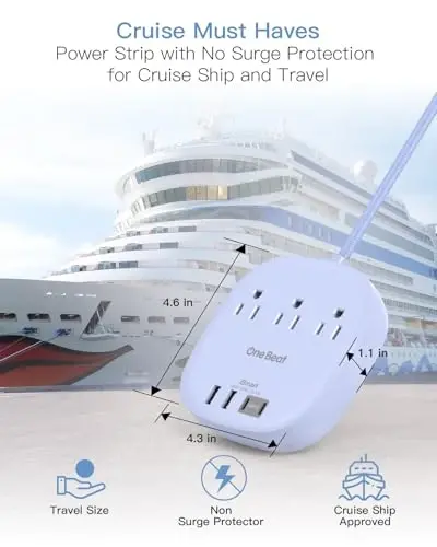 10Ft Yassi vilka quvvat tasmasi, binafsha rangli yassi uzatma kabeli - 3 rozetka 4 USB porti (2 USB C) stol usti zaryadlash stantsiyasi, sayohat uchun kuchlanishdan himoyalanmagan kruiz kemasi quvvat tasmasi, yotoqxona uchun zarur narsalar - 6