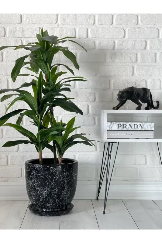10Liter Pot with Saucer Dia: 25cmx Height: 23cm Mia Black Marble Patterned-Black Marble Patterned - ODKA