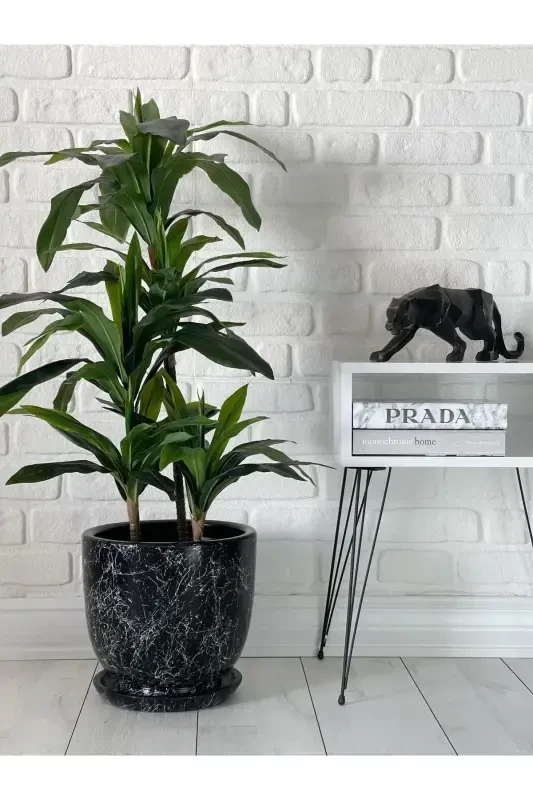 10Liter Pot with Saucer Dia: 25cmx Height: 23cm Mia Black Marble Patterned-Black Marble Patterned - 1