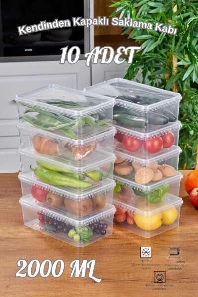 10'lu Buzdolabı Organizer Kendinden Kapaklı Mikrodalga Difrize Uygun 2000 ML Dikdörtgen Saklama Kabı - 8