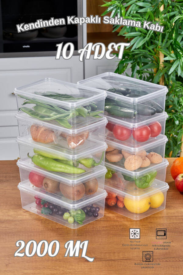 10'lu Buzdolabı Organizer Kendinden Kapaklı Mikrodalga Difrize Uygun 2000 ML Dikdörtgen Saklama Kabı - 1
