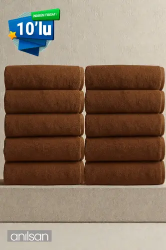 10'lu Düz Kahverengi El Havlusu - 50x90 Cm, 225 Gr, %100 Pamuk, Spa Ve Otel Havlusu-Kahverengi 