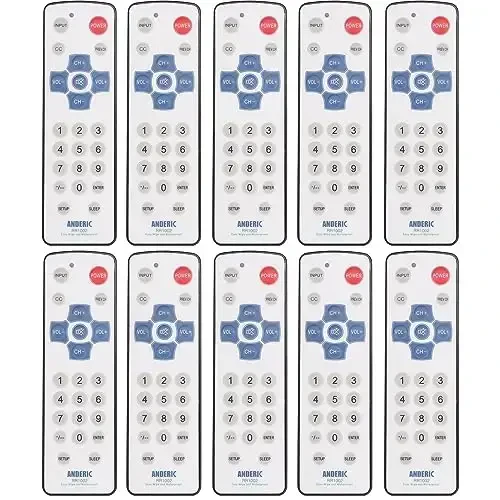 [10 Pack] Anderic EzWipe 1-Device Universal Cleanable TV Remote - Simple with Easy Wipe Surface TV Universal Remote Control - Hospitality - RR1002 