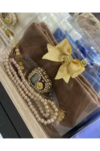 10'lu Paket Kadın Umre, Hac Hediyelik Seti, Pamuk Tülbent, Cam İnci Tesbih, Taşlı Zikirmatik-Vizon - 1