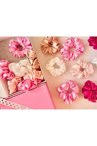 10'lu Renkli Kadın Karışık Saten Saç Lastik Toka Set Of 10 Colorful Women's Satin Hair Elastic Ties - KIRMIZI - 4