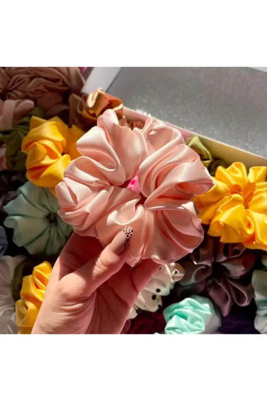 10'lu Renkli Kadın Karışık Saten Saç Lastik Toka Set Of 10 Colorful Women's Satin Hair Elastic Ties - KIRMIZI - 5