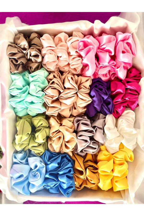10'lu Renkli Kadın Karışık Saten Saç Lastik Toka Set Of 10 Colorful Women's Satin Hair Elastic Ties-KIRMIZI - 3