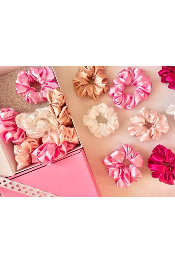 10'lu Renkli Kadın Karışık Saten Saç Lastik Toka Set Of 10 Colorful Women's Satin Hair Elastic Ties - KIRMIZI - 4