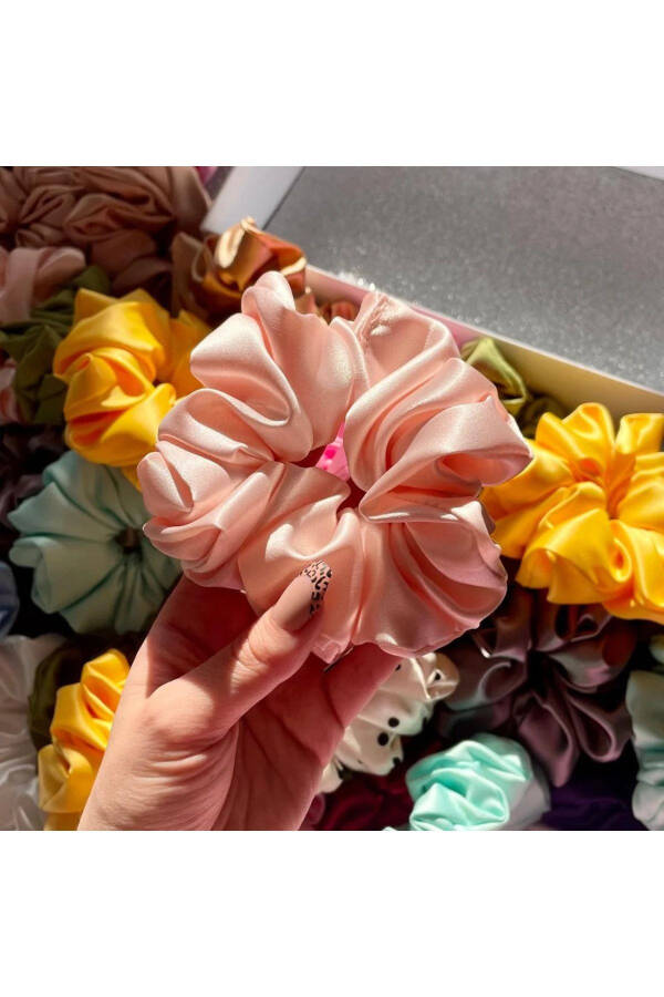 10'lu Renkli Kadın Karışık Saten Saç Lastik Toka Set Of 10 Colorful Women's Satin Hair Elastic Ties - KIRMIZI - 5