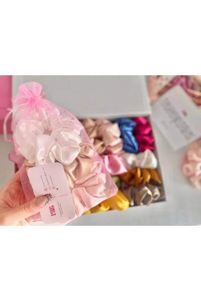 10'lu Renkli Kadın Karışık Saten Saç Lastik Toka Set Of 10 Colorful Women's Satin Hair Elastic Ties - KIRMIZI - 7