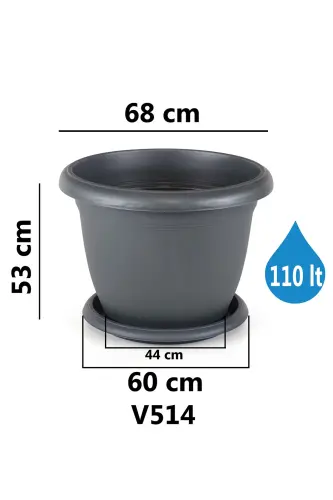 110 Litre Antrasit Gri Tabaklı Mat Plastik Dev Boy Yuvarlak Saksı - 110L - 2