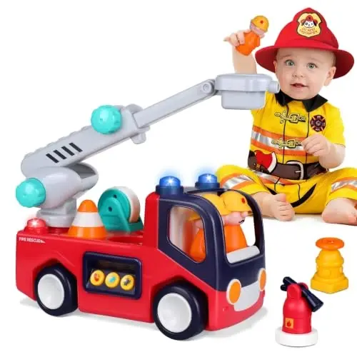 Interactive Fire Truck Toy for Toddlers 18 Month+ 2 3 Year Old Boys Girls | Fire Engine with Musics, Lights, Sounds, Bump & Go Motion, Firefighter Tools, Ladder & 2 Firemen, Birthday Christmas Gift - INTERACTIVE