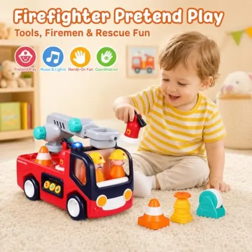 Interactive Fire Truck Toy for Toddlers 18 Month+ 2 3 Year Old Boys Girls | Fire Engine with Musics, Lights, Sounds, Bump & Go Motion, Firefighter Tools, Ladder & 2 Firemen, Birthday Christmas Gift - 2