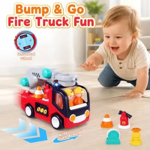 Interactive Fire Truck Toy for Toddlers 18 Month+ 2 3 Year Old Boys Girls | Fire Engine with Musics, Lights, Sounds, Bump & Go Motion, Firefighter Tools, Ladder & 2 Firemen, Birthday Christmas Gift - 3