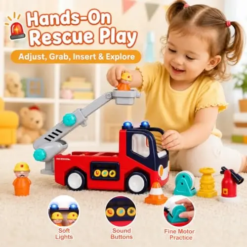 Interactive Fire Truck Toy for Toddlers 18 Month+ 2 3 Year Old Boys Girls | Fire Engine with Musics, Lights, Sounds, Bump & Go Motion, Firefighter Tools, Ladder & 2 Firemen, Birthday Christmas Gift - 4