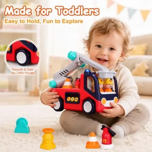 Interactive Fire Truck Toy for Toddlers 18 Month+ 2 3 Year Old Boys Girls | Fire Engine with Musics, Lights, Sounds, Bump & Go Motion, Firefighter Tools, Ladder & 2 Firemen, Birthday Christmas Gift - 5