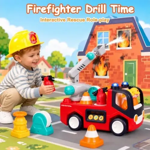 Interactive Fire Truck Toy for Toddlers 18 Month+ 2 3 Year Old Boys Girls | Fire Engine with Musics, Lights, Sounds, Bump & Go Motion, Firefighter Tools, Ladder & 2 Firemen, Birthday Christmas Gift - 6