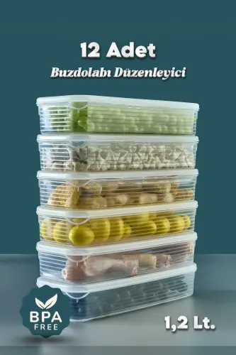 12 Adet 1,2 Litre Buzdolabı İçi Düzenleyici Saklama Kabı -Buzluk Saklama Kabı - 12 Lİ 1,2 LT. 