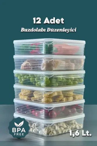 12 Adet 1,6 Litre Buzdolabı İçi Düzenleyici Saklama Kabı -Buzluk Saklama Kabı - 12 Li 1,6 Lt. 