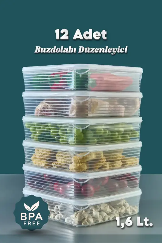 12 Adet 1,6 Litre Buzdolabı İçi Düzenleyici Saklama Kabı -Buzluk Saklama Kabı - 12 Li 1,6 Lt. - GRIMORLIFE