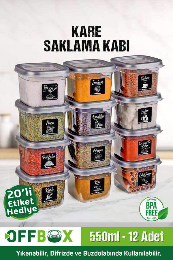 12 Adet 24 Parça 0,55 Litre Kahvaltılık Erzak Saklama Kabı Baharatlık Seti 20 Etiket Hediyeli-ANTRASİT - 2