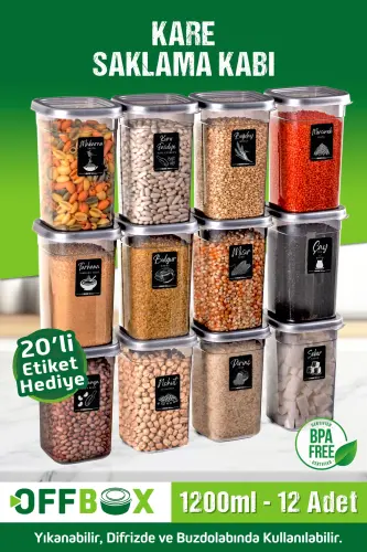 12 Adet 24 Parça 1,2 Litre Kare Erzak Bakliyat Saklama Kabı Seti Baharatlık 20 Adet Etiket Hediyeli - ANTRASİT - OFFBOX (1)