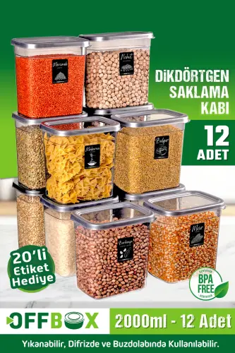 12 Adet 24 Parça 2 Litre Dikdörtgen Erzak Bakliyat Saklama Kabı Seti 20 Etiket Hediyeli - 1