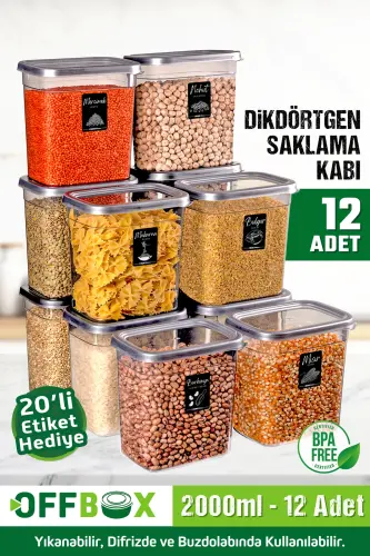 12 Adet 24 Parça 2 Litre Dikdörtgen Erzak Bakliyat Saklama Kabı Seti 20 Etiket Hediyeli - OFFBOX (1)