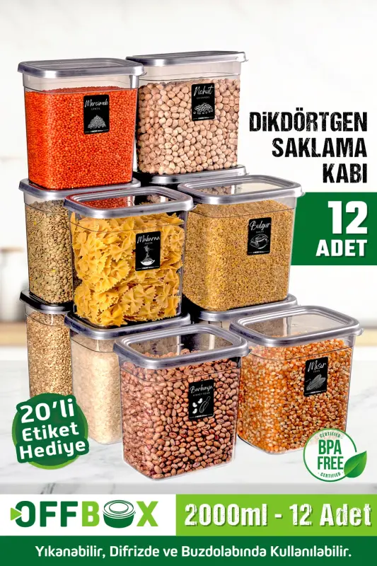 12 Adet 24 Parça 2 Litre Dikdörtgen Erzak Bakliyat Saklama Kabı Seti 20 Etiket Hediyeli - 2