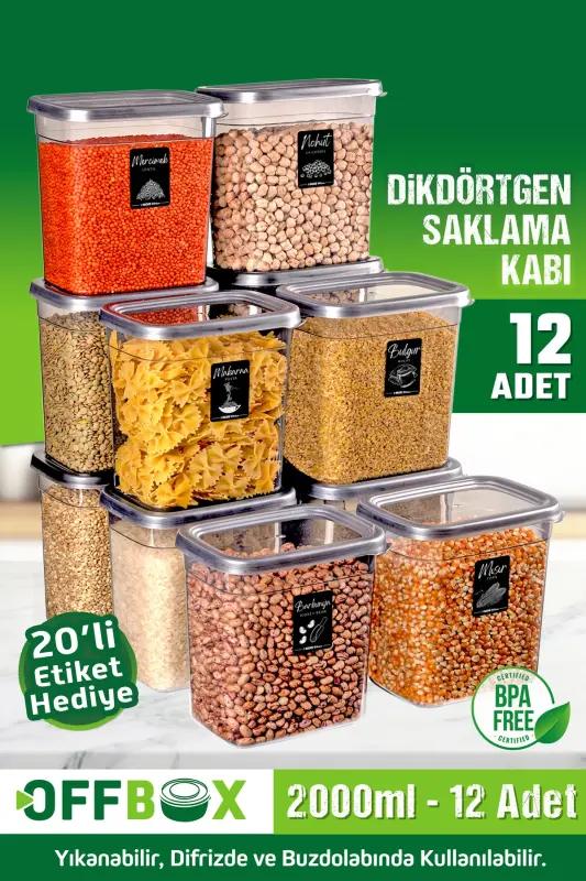 12 Adet 24 Parça 2 Litre Dikdörtgen Erzak Bakliyat Saklama Kabı Seti 20 Etiket Hediyeli - OFFBOX
