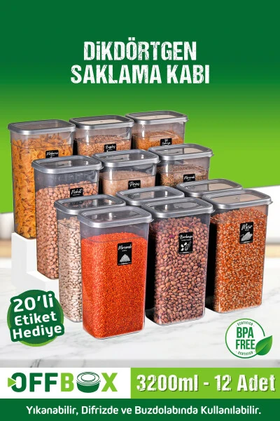 12 Adet 24 Parça 3,2 Litre Mega Boy Dikdörtgen Erzak Bakliyat Saklama Kabı 20 Etiket Hediyeli-Antrasit - OFFBOX