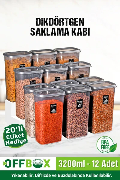 12 Adet 24 Parça 3,2 Litre Mega Boy Dikdörtgen Erzak Bakliyat Saklama Kabı 20 Etiket Hediyeli-Antrasit - OFFBOX (1)