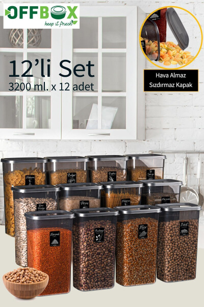 12 Adet 24 Parça 3,2 Litre Mega Boy Dikdörtgen Erzak Bakliyat Saklama Kabı 20 Etiket Hediyeli-Antrasit - 4